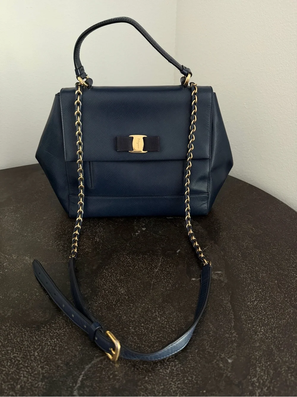Salvatore Ferragamo Navy Saffiano Leather Vara Shoulder Bag with Gold Hardware - Picture 2 of 16